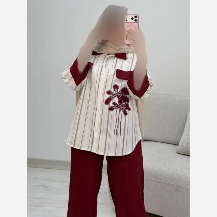 ست شومیز شلوار لنین بیسکویتی و شانتون مدل نوگل سایز 38 تا 46