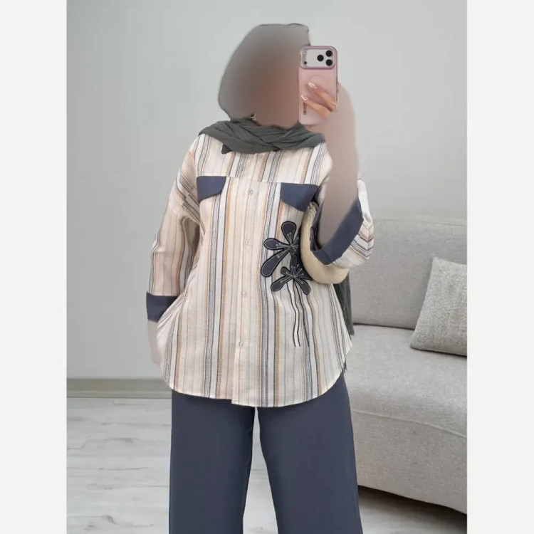ست شومیز شلوار لنین بیسکویتی و شانتون مدل نوگل سایز 38 تا 46