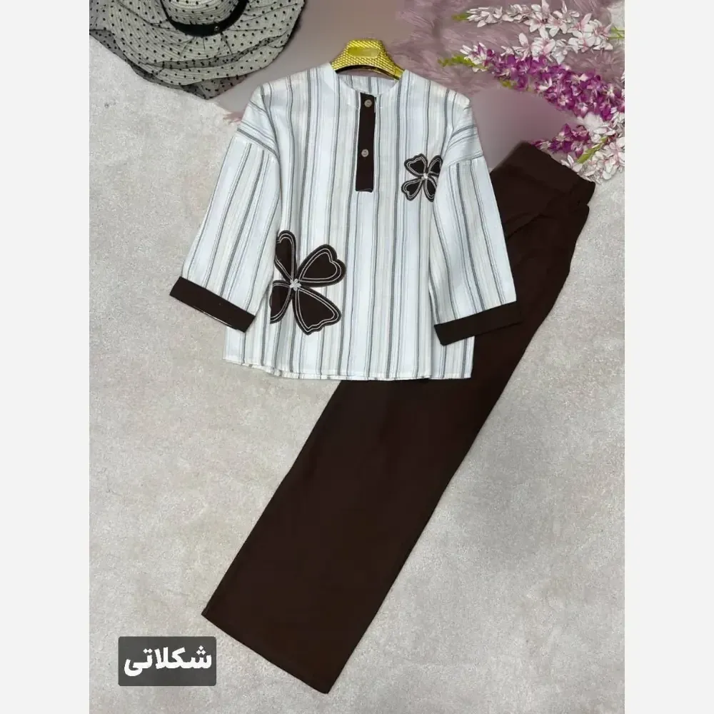 ست شومیز شلوار لنین بیسکویتی و کنفی طرح سنجاقک فری سایز 38 تا 46