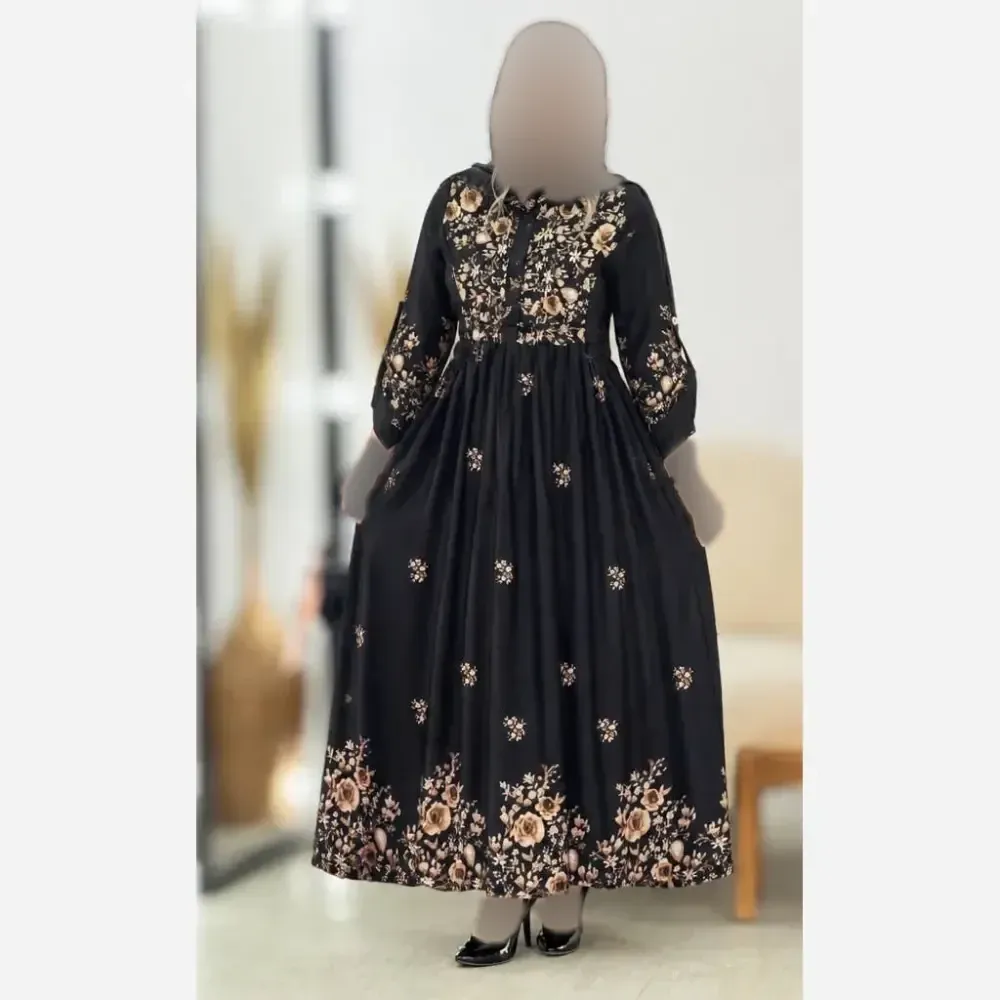 پیراهن زنانه بوگاتی زنبق فری سایز 38 تا 46 گل طلایی و صورتی