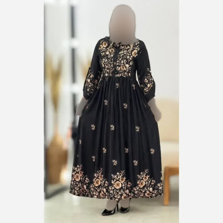 پیراهن زنانه بوگاتی زنبق فری سایز 38 تا 46 گل طلایی و صورتی