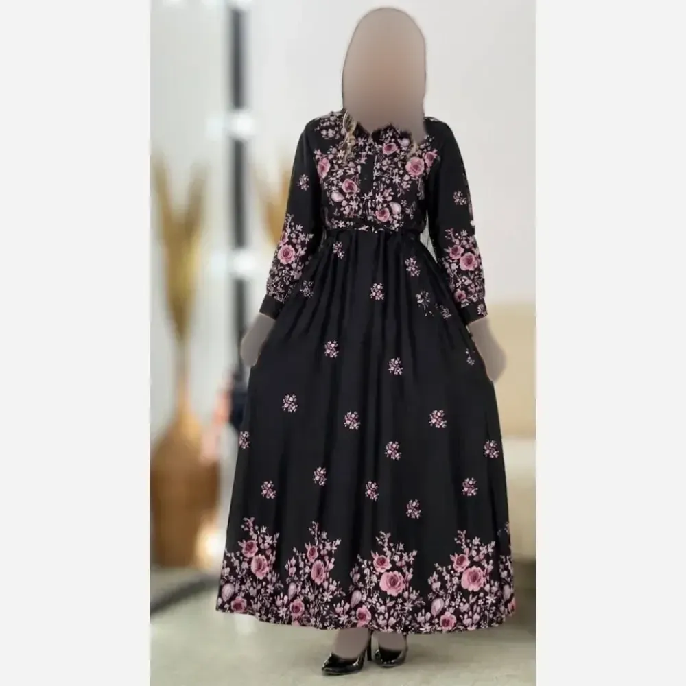 پیراهن زنانه بوگاتی زنبق فری سایز 38 تا 46 گل طلایی و صورتی