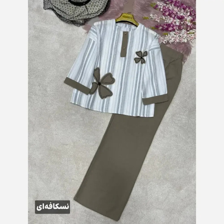 ست شومیز شلوار لنین بیسکویتی و کنفی مدل سنجاقک سایز 38 تا 46
