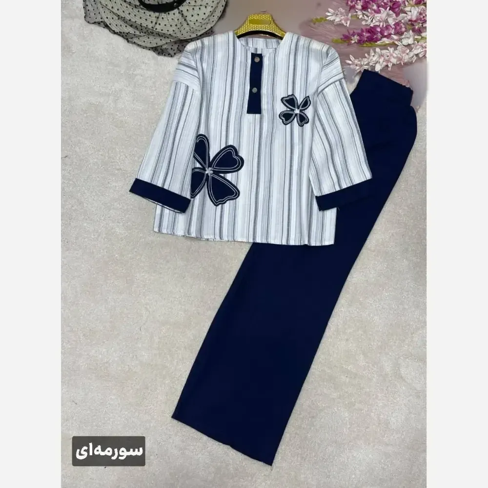 ست شومیز شلوار لنین بیسکویتی و کنفی مدل سنجاقک سایز 38 تا 46