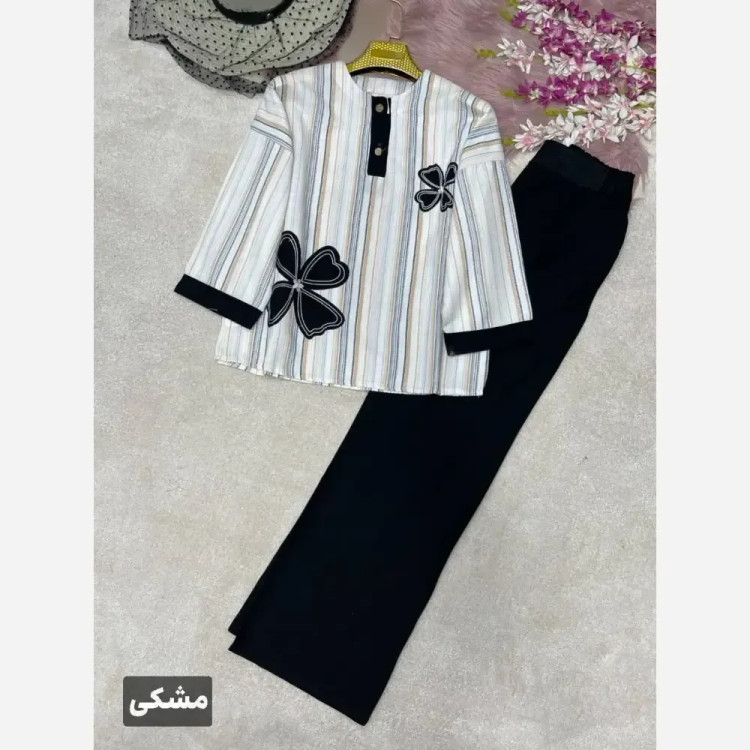 ست شومیز شلوار لنین بیسکویتی و کنفی مدل سنجاقک سایز 38 تا 46
