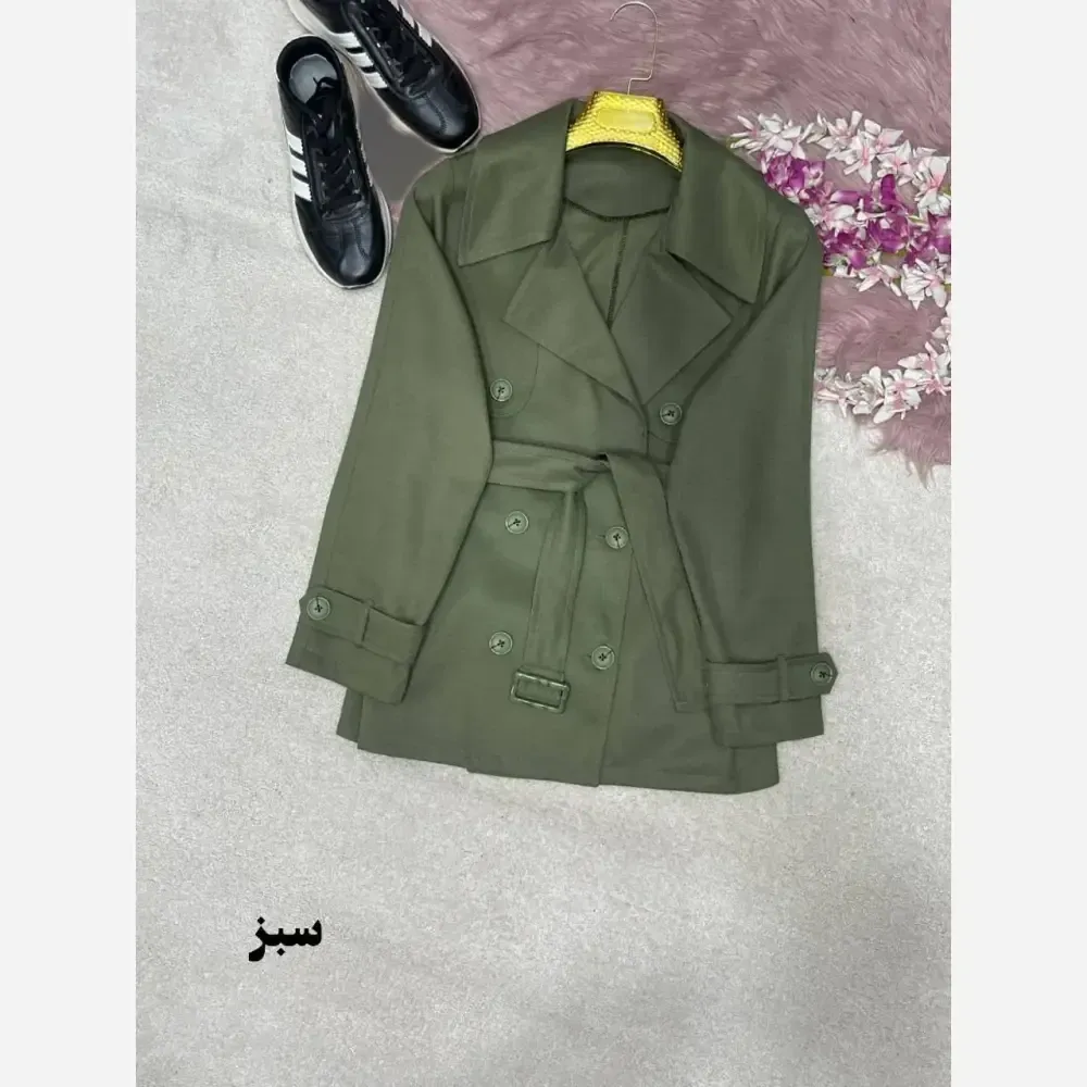 ترنچ کت زنانه مدل هیوا جنس کتان استانبولی سایز فری 38 تا 44 رنگ مشکی شکلاتی سبز سرمهای
