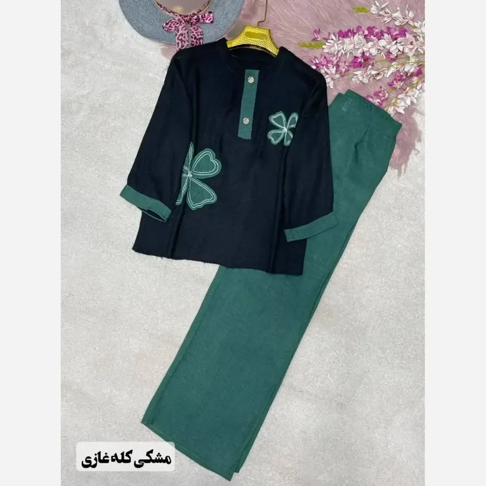 ست شومیز کنفی و شلوار شانتون مدل هیلدا سایز 38 تا 46
