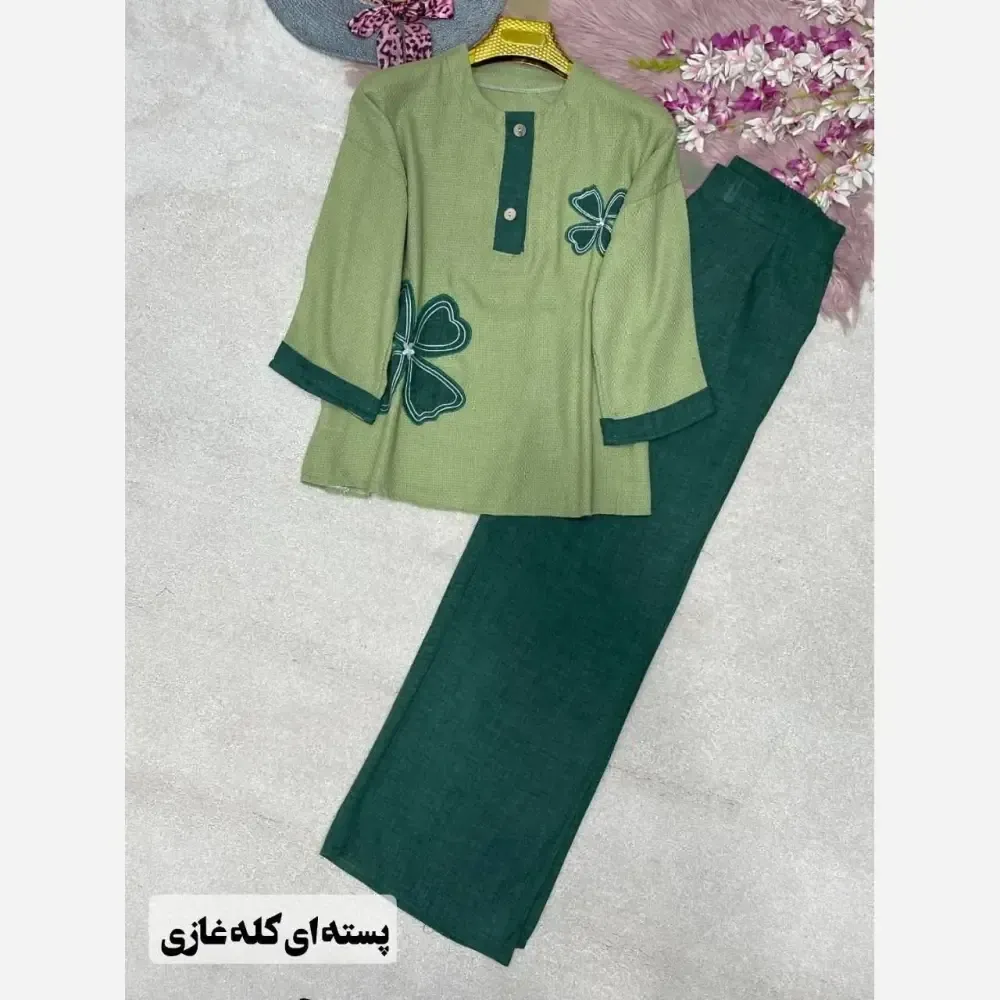 ست شومیز کنفی و شلوار شانتون مدل هیلدا سایز 38 تا 46