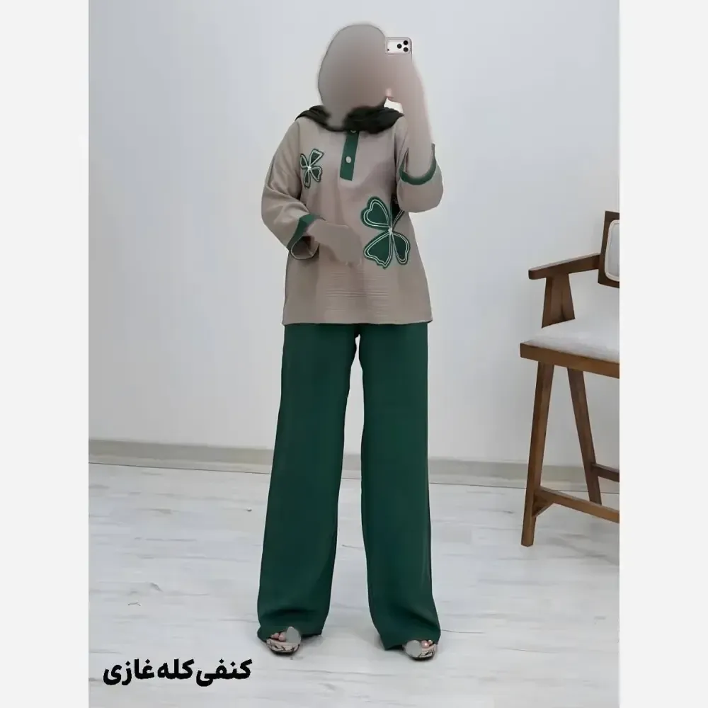 ست شومیز کنفی و شلوار شانتون مدل هیلدا سایز 38 تا 46