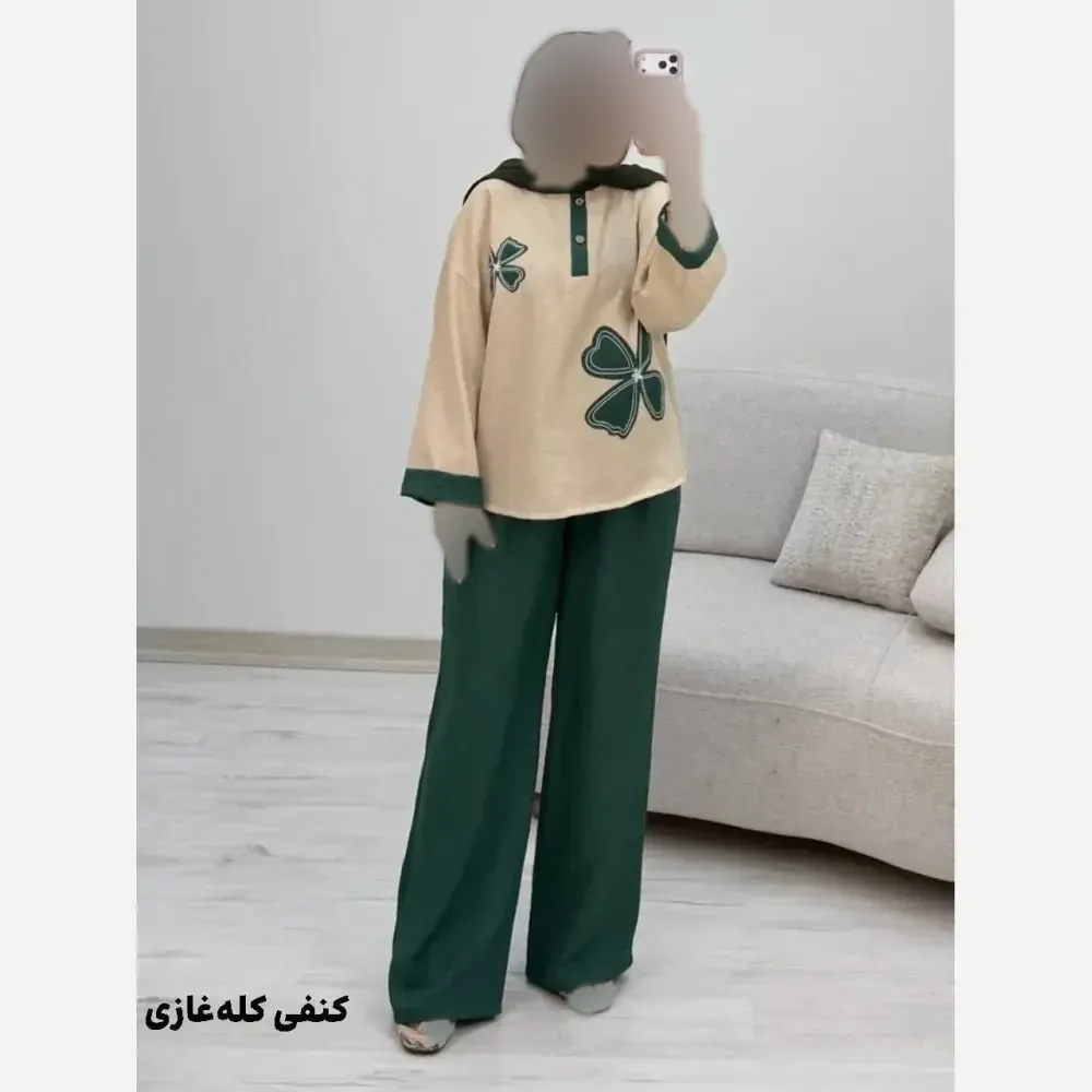 ست شومیز کنفی و شلوار شانتون مدل هیلدا سایز 38 تا 46