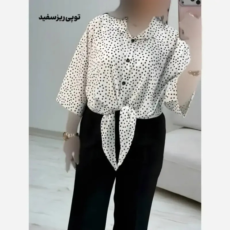 شومیز گره ای زنانه جنس کرپ الیزه چاپی سایز فری 38 تا 46