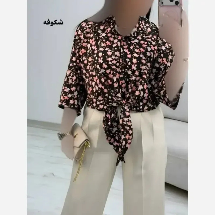 شومیز گره ای زنانه جنس کرپ الیزه چاپی سایز فری 38 تا 46